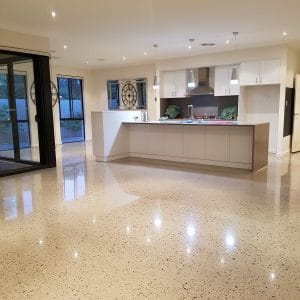 Kitchen with concrete flooring sparkling